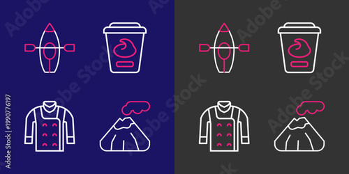 Set line Volcano, Sweater, Yogurt container and Kayak and paddle icon. Vector