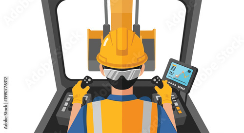 A professional heavy equipment operator wearing a yellow safety helmet and high-visibility vest manages complex controls from inside an excavator cabin.
