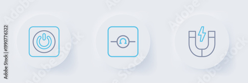 Set line Magnet, Ohmmeter and Power button icon. Vector