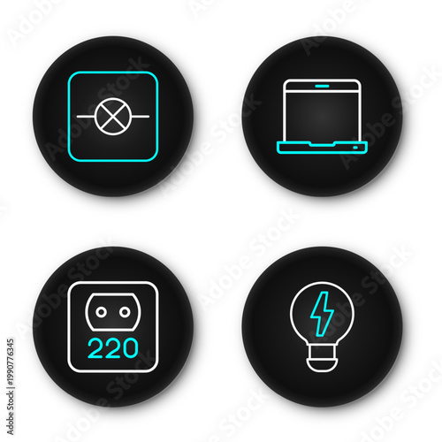 Set line Creative lamp light idea, Electrical outlet, Laptop and Lamp in electronic circuit icon. Vector
