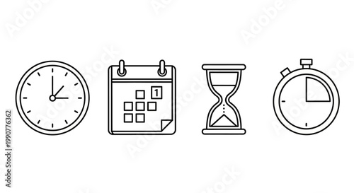 Time Management Icons - Clock, Calendar, Hourglass, and Stopwatch.