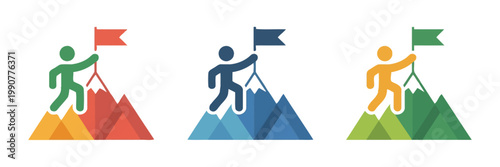 Person climbing mountain to reach flag success achievement icon set