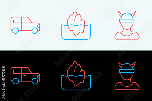Set line Viking head, Car and Iceberg icon. Vector