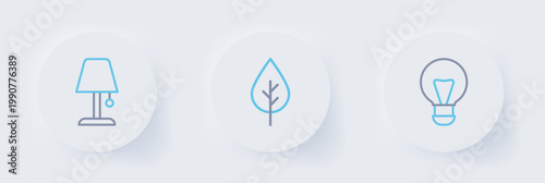 Set line Creative lamp light idea, Leaf Eco symbol and Table icon. Vector