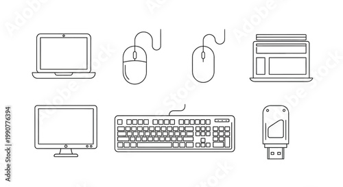 Minimalist Line Art Collection of Essential Computer Peripherals and Devices.