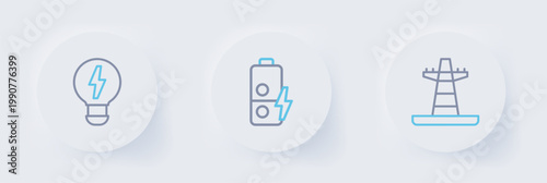 Set line Electric tower line, Battery charge and Creative lamp light idea icon. Vector