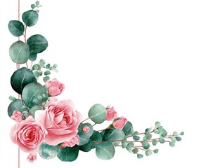 Delicate pink roses and eucalyptus leaves forming a floral corner design