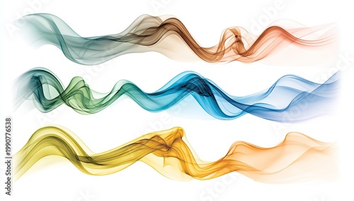 Three colorful abstract flowing lines of smoke against a white background