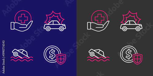 Set line Money with shield, Flood car, Car accident and Life insurance icon. Vector