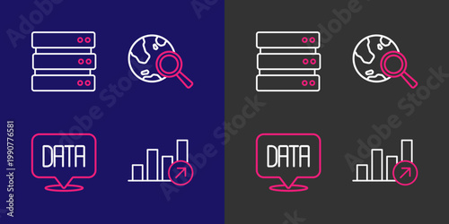 Set line Financial growth, Data analysis, Search globe and Server icon. Vector