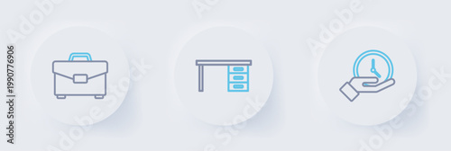 Set line Clock, Office desk and Briefcase icon. Vector