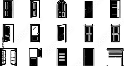 Collection of twelve black door icons in various open and closed positions, featuring different styles and perspectives