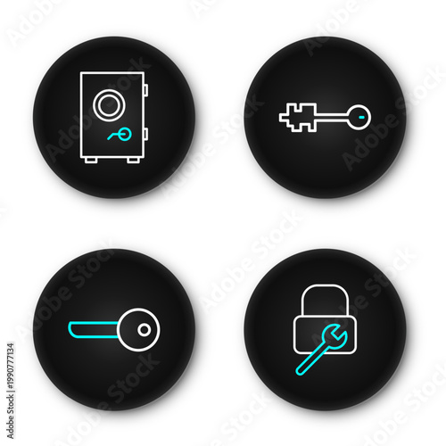 Set line Lock repair, Key, Old key and Safe icon. Vector
