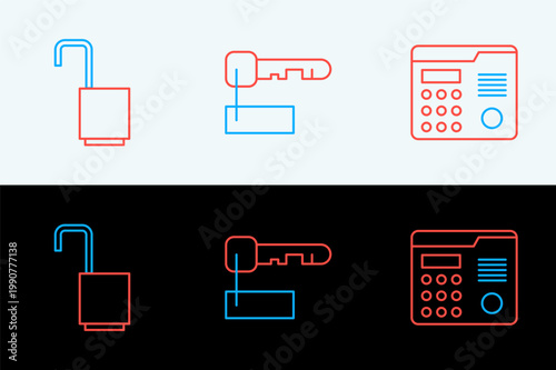 Set line House intercom system, Open padlock and Marked key icon. Vector