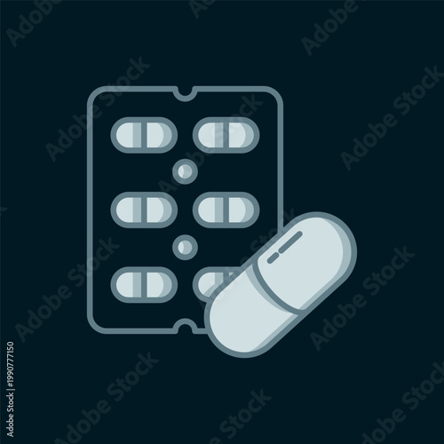 Line Pills in blister pack icon isolated on black background. Medical drug package for tablet, vitamin, antibiotic, aspirin. Flat filled outline style with shadow. Vector