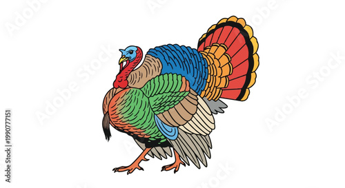 Colorful illustration of a stylized turkey with vibrant feathers and detailed plumage