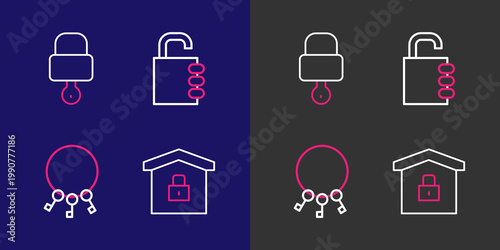 Set line House under protection, Bunch of keys, Safe combination lock and Lock and icon. Vector