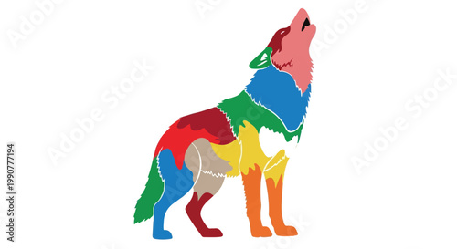 Colorful mosaic wolf howling under a starry night sky with vibrant segments