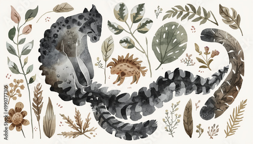 Watercolor Prehistoric Creature and Botanical Leaves Illustration - Earthy Toned Wildlife Art