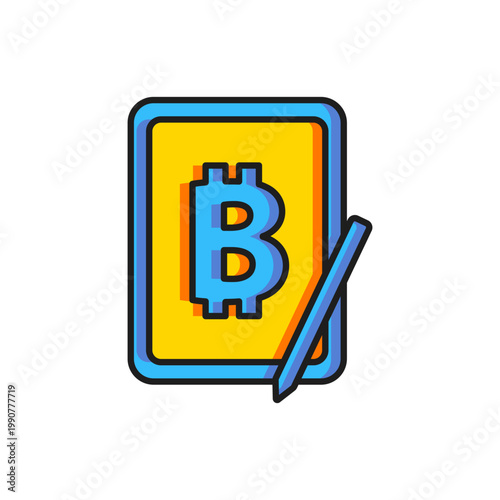 Color Mining bitcoin from graphic tablet icon isolated on white background. Cryptocurrency mining, blockchain technology service. Flat filled outline style with shadow. Vector