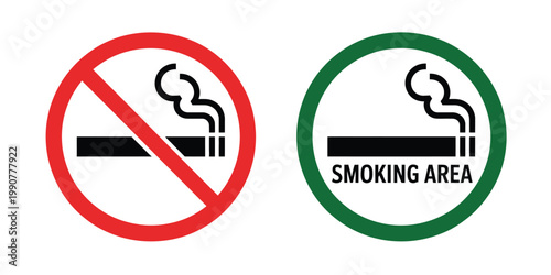 No smoking area and smoking area sign printable red and green circular symbols vector illustration smoking ban prohibition public safety icons set