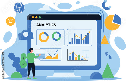Illustration of Businessman analyzing data on large computer screen