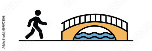 Person walking towards an arched stone bridge over water