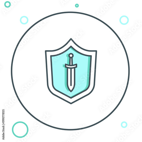 Line Medieval shield with sword icon isolated on white background. Colorful outline concept. Vector