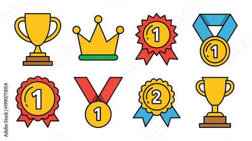 A bright collection of colorful cartoon-style awards featuring trophies, crowns, and distinction medals.