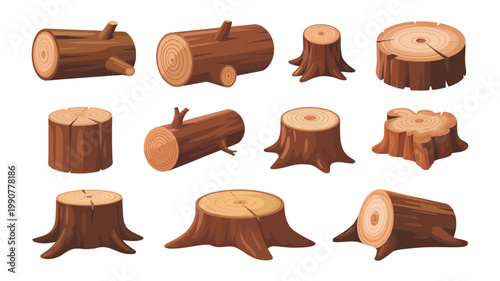 A diverse collection of realistic wood logs and tree stumps illustrating natural timber elements.