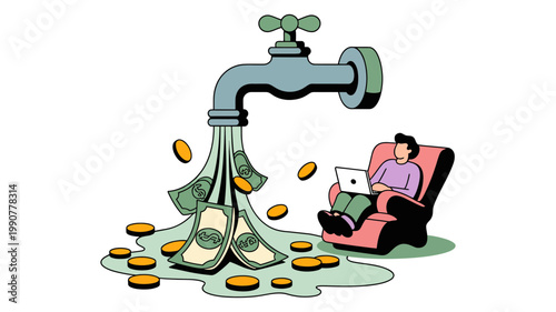 Money pours from a faucet, creating a pool of cash and coins around a person working on a laptop.