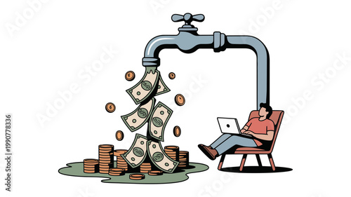A digital illustration portrays a relaxed individual working on a laptop as money streams from a large faucet.