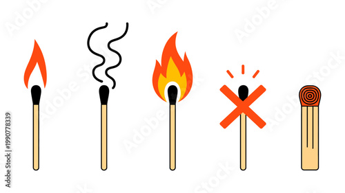 Five matchsticks illustrate various stages of ignition, from new to extinguished