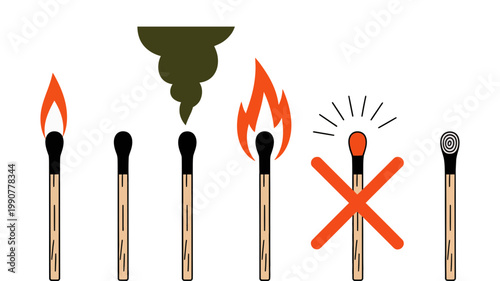A series of five cartoon matchsticks depicts the full cycle of burning, from lit to extinguished.