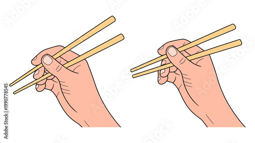 Two hands clearly demonstrate the proper and effective technique for holding light-colored chopsticks.