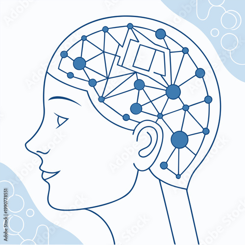 A vector graphic illustration of a human head with a network of connections in the brain representing artificial intelligence and neural thinking