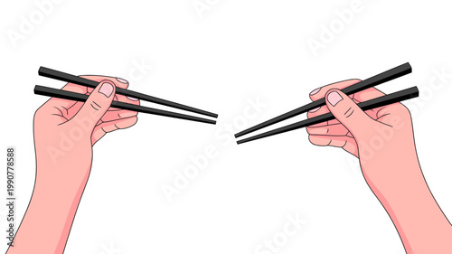 Two human hands holding black chopsticks ready to pick up food against a white background illustration