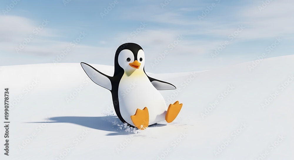 Obraz premium Cute cartoon penguin sliding gracefully on snowy terrain with arms outstretched