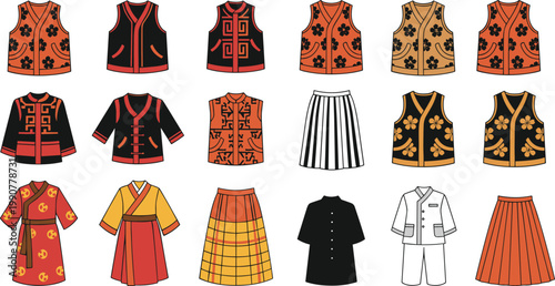 Vector illustration of colorful traditional clothing including vests, jackets, skirts, dresses, and patterned cultural outfits