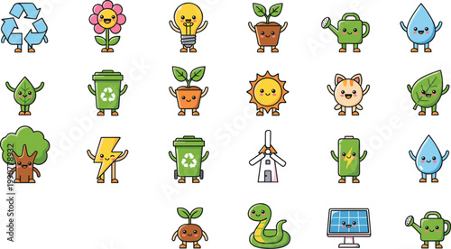 Vector illustration of cute environmental icons including recycling, plants, solar panels, wind turbines, and nature conservation