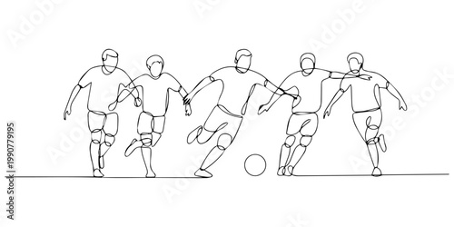 continuous line of children playing soccer happily.single line drawing for competition,soccer school,championship, soccer players competing for the ball, showing intensity, balance, and determination.