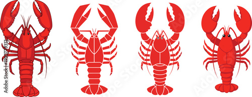 Lobster Illustration Set with Detailed Red Crustacean Seafood Icons from Different Angles for Restaurant Menu, Marine Life Design, and Food Branding Use