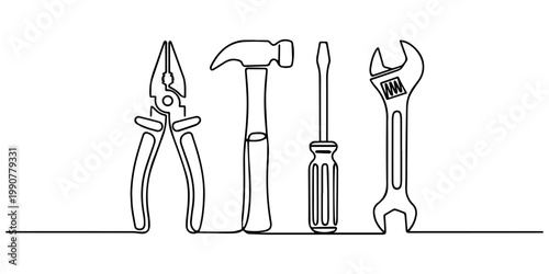 Continuous single line drawing of various construction tools arranged in a row on white background, illustration featuring a hammer pliers screwdriver and wrench Vector, illustration. minimal construc