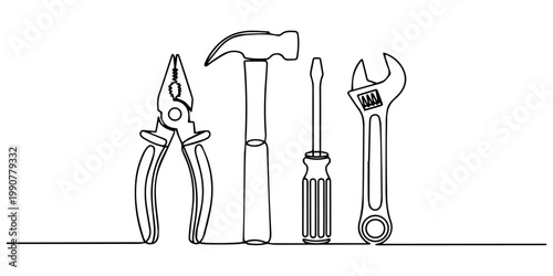 Continuous single line drawing of various construction tools arranged in a row on white background, illustration featuring a hammer pliers screwdriver and wrench Vector, illustration. minimal construc