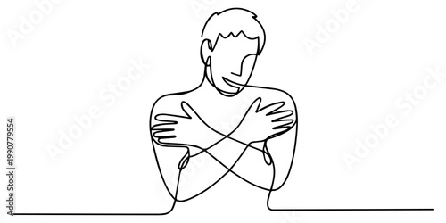 Continuous single line drawing of a man hug himself, handsome young man. dress casually. cold embraced himself. white background. one line painting. short haired man looks neat. warm your own.