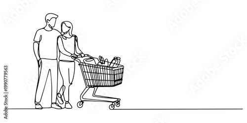 One continuous line drawing young happy romantic couple pushing trolley full of daily goods, shopping and pushing trolley together at supermarket to buy daily organic products. Shopping concept. pro.