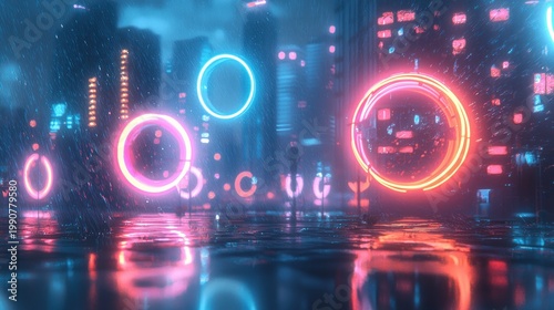 Neon city lights and glowing spheres