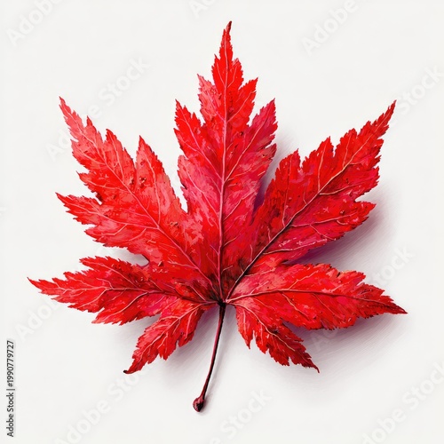 Vibrant, close-up, digital rendering of a perfectly symmetrical red maple leaf against white