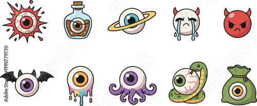 Vector illustration of fantasy eyeball designs with wings, tentacles, horns, snakes, and creative horror elements