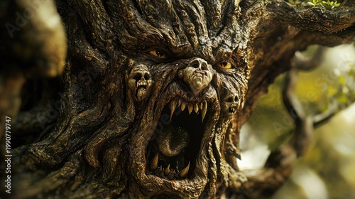 Fantasy tree face with carved details